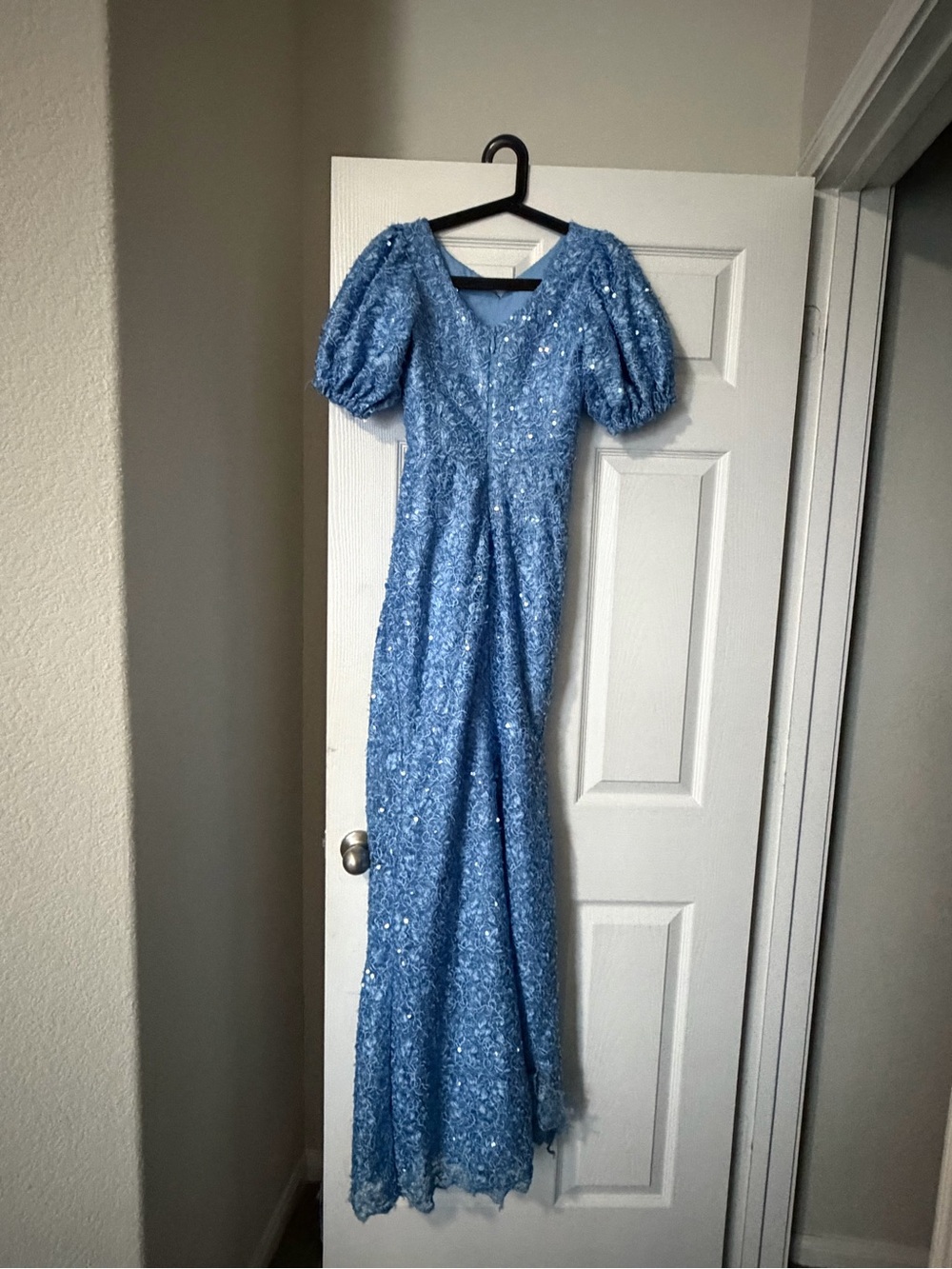 Light Blue Sequin Puff-Sleeve Wedding Gown
